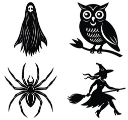 Fototapeta premium PriHalloween silhouettes, ghost, owl, spider, witch, broomstick, spooky theme, black vector, creepy illustration, haunted night, scary icons, folklorent