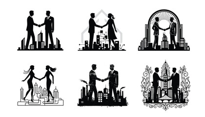 PrintHandshake illustration, business agreement, partnership deal, urban cooperation, professional trust, corporate unity, city backdrop, ornate frame, teamwork success, mutual respect