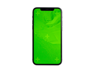 Smartphone featuring a vibrant green screen with tracking crosses against a stark black backdrop