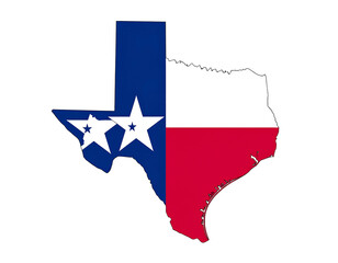 Texas outline filled with Lone Star flag colors. Blue with white stars; white and red bands
