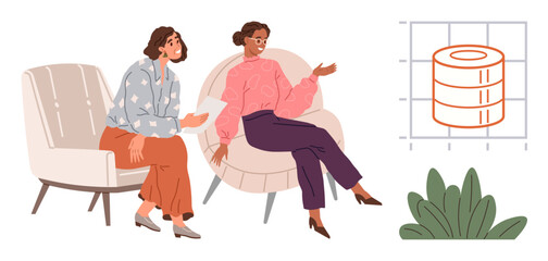 Women in casual attire sitting on chairs engaged in conversation, with graphical data elements and plants around. Ideal for teamwork, collaboration, brainstorming, analytics, business, education