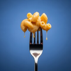 Close up of melted macaroni and cheese dripping from fork on blue background, delicious comfort food concept with vibrant color contrast