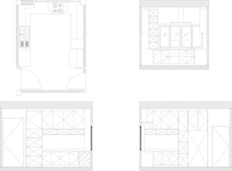 Interior Design Kitchen Layout with Gas Stove, Refrigerator, Wall Cabinets, and Storage Cabinets – Floor Plan and Elevation