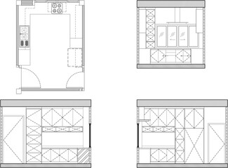 Interior Design Kitchen Layout with Gas Stove, Refrigerator, Wall Cabinets, and Storage Cabinets – Floor Plan and Elevation