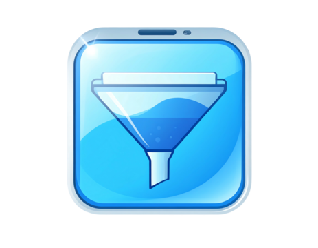 Stylized light-blue app icon features a funnel filtering a bubbly liquid inside of a rounded square