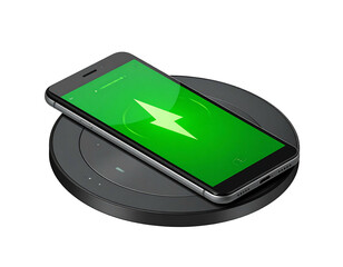 Smartphone rests on wireless charger, displaying green lightning bolt, set against a black background, modern tech concept