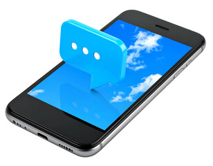Smartphone shows sky. Blue speech bubble with three dots sits above. Modern tech communication concept render