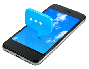 Smartphone shows sky. Blue speech bubble with three dots sits above. Modern tech communication concept render