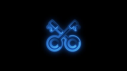Glowing blue neon crossed keys icon on a black background security concept