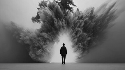 Fototapeta premium The back of a human figure dissolves into ethereal mist, symbolizing transcendence, transformation, and the journey from physical form to spiritual or abstract existence. Hyperrealistic and atmospheri