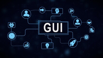 Digital user interface gui concept with connected icons representing business and technology elements