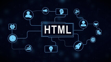 Html code structure and conceptual diagram depicting web development and online marketing