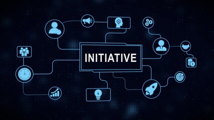 Visual representation of business initiative concept displaying various related business elements and symbols