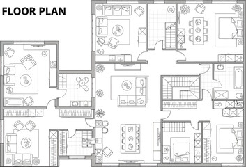 Obraz premium Detailed architectural floor plan blueprint showing layout of rooms and spaces in a residential building design