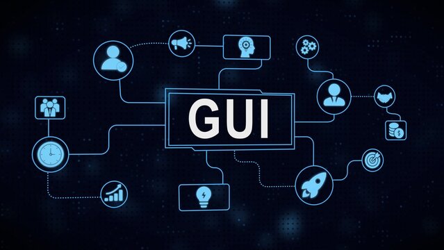 Digital user interface gui concept with connected icons representing business and technology elements