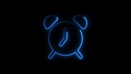 Glowing neon blue alarm clock icon on a black background representing time and reminder