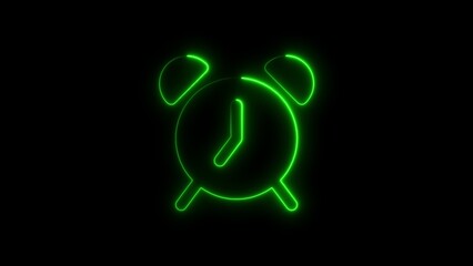 Illuminated green neon alarm clock icon against a solid black background for design projects
