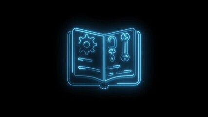 Neon style open book with gear wrenches and pliers representing technical manual guide