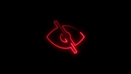 Glowing red neon silhouette of an eye with a line through sign on black background