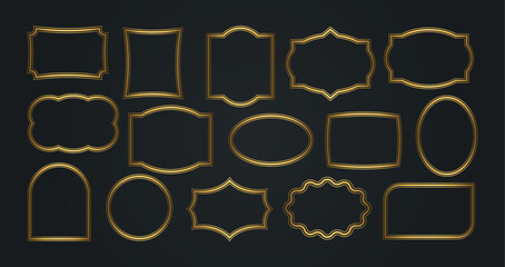 Collection of golden frames in various shapes. Elegant vintage decorative frames with lines and ornaments for design