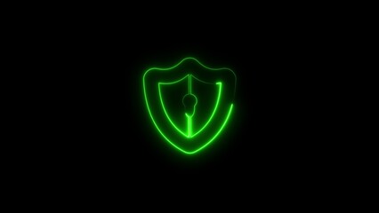 Glowing green neon shield and keyhole symbol representing cybersecurity and data protection