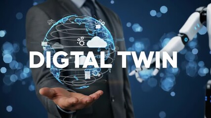 Man in Suit Holding Digital Globe with Robotic Arm on Blue Bokeh Background - Powered by Adobe