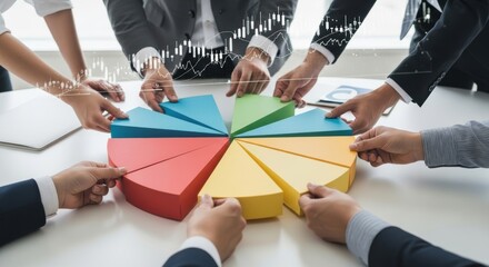 Group of business people hands assembling colorful 3D pie chart puzzle with digital trading graph overlay for financial strategy concept