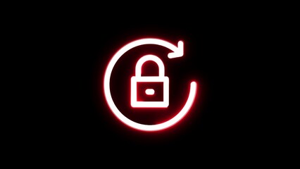 Neon lock icon surrounded by circular arrow represents security and protection