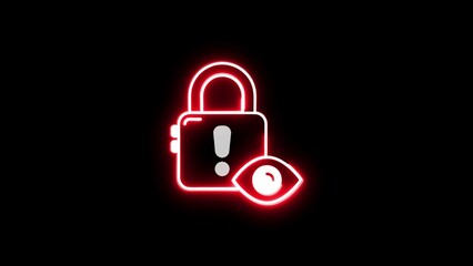 Neon illustration of data security alert with lock and eye symbol on black background