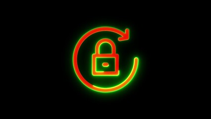 Neon lock icon surrounded by a circular arrow on a black background protection security concept