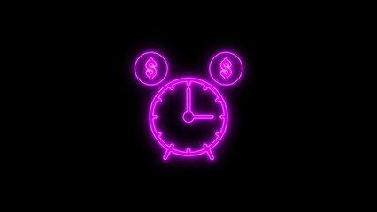 Neon clock representing time is money concept illuminated against a black background
