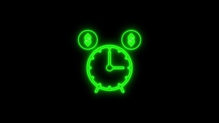 Green neon clock and dollar sign symbols representing time is money concept