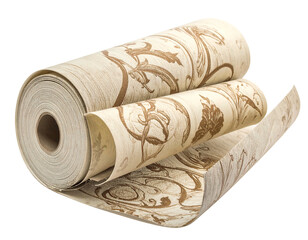 A roll of patterned wallpaper with brown floral designs, unrolled revealing the pattern