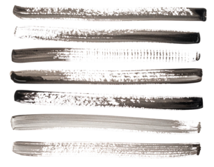 Eight horizontal gray brushstrokes, varying in tone and texture, arranged on a black background