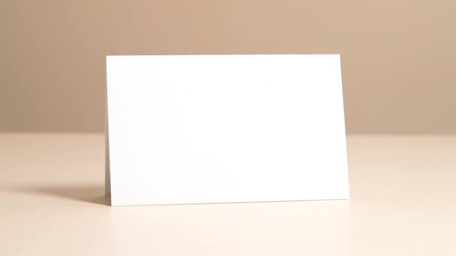 A folded blank white card stands against a soft brown background, slightly angled