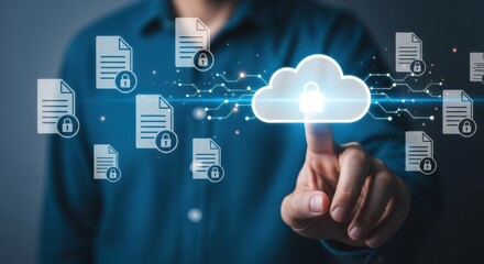 Man hand touching glowing digital cloud computing icon surrounded by encrypted file symbols for data security concept