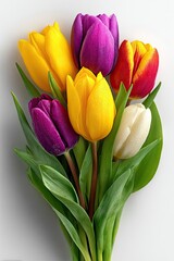 Bouquet of colorful tulips; yellow, purple, red, & white