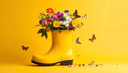 A vibrant yellow rubber boot overflowing with colorful flowers and fluttering butterflies