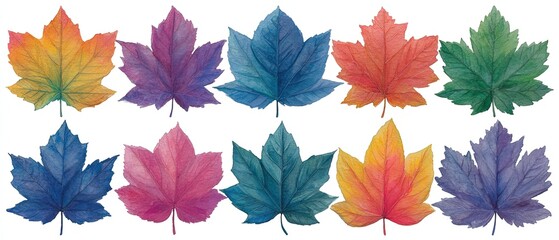 Watercolor maple leaves in various vibrant colors