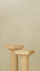 A collection of minimal stone and column pedestals in warm beige tones under soft natural daylight. The clean composition and gentle shadows express a serene sense of balance, organic calm