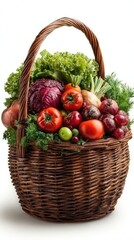 Full woven basket overflowing with colorful fresh vegetables