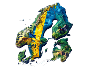 Textured 3D Scandinavia map with elevation relief and overlaid Swedish flag on a transparent background