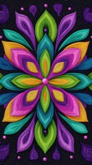 Colorful floral mandala blooms on textured dark ground.