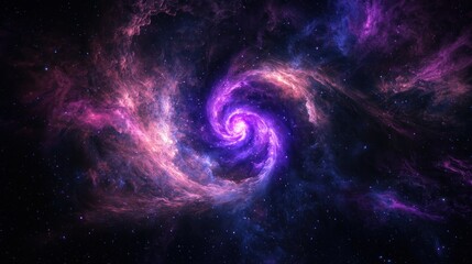 A vibrant, cosmic spiral with hues of purple, pink, and blue, set against a dark, starry background.