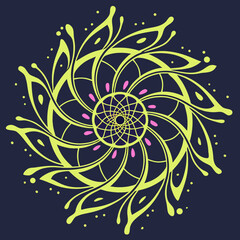 Mandala composed entirely of splashing neon paint and glowing