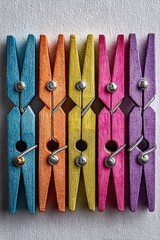 Colorful clothespins neatly aligned, close-up
