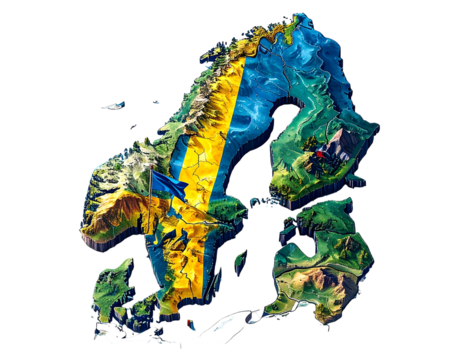 Textured 3D Scandinavia map with elevation relief and overlaid Swedish flag on a transparent background