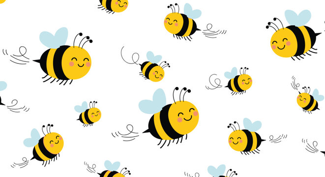 Sweet little cartoon bumblebees with blue wings happily flying in a delightful seamless pattern on a clean white background.