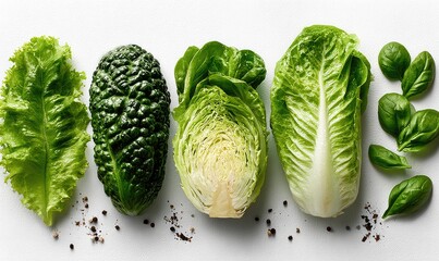 Green leaf varieties & basil, top view, on white