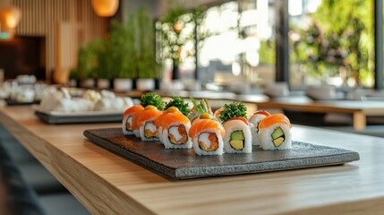 A sushi platter with various types of sushi rolls, including salmon and avocado, on a wooden table in a restaurant setting.